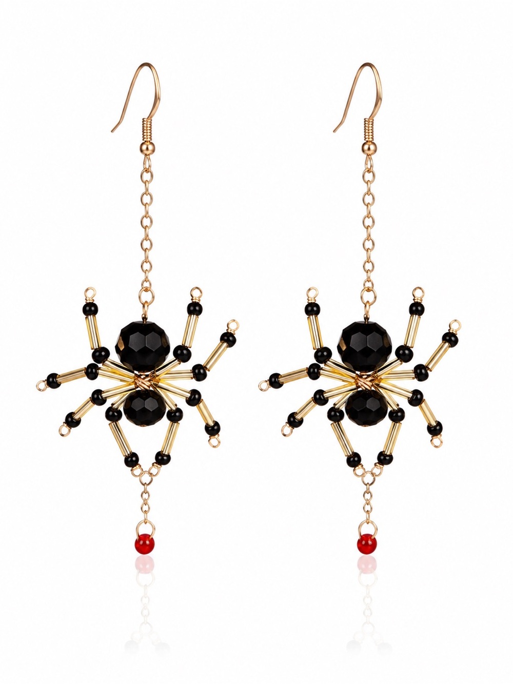 Gold and Black Beaded Spider Drop Earrings - Women Jewelry